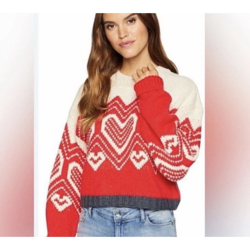 Free People I Heart You Cropped Alpaca Wool Sz L Blend Chunky Knit Sweater Red